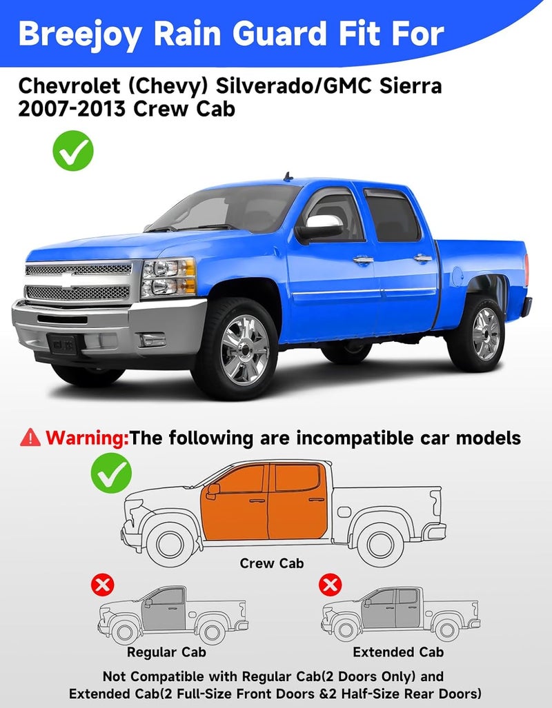 Breejoy in-Channel Window Rain Guards Fit for 2007-2013 Chevy Silverado/GMC Sierra Crew Cab Trucks, Extra Durable Visors Vent Visors Window Deflector Vent Shades Car Accessories-4ps - Image 3